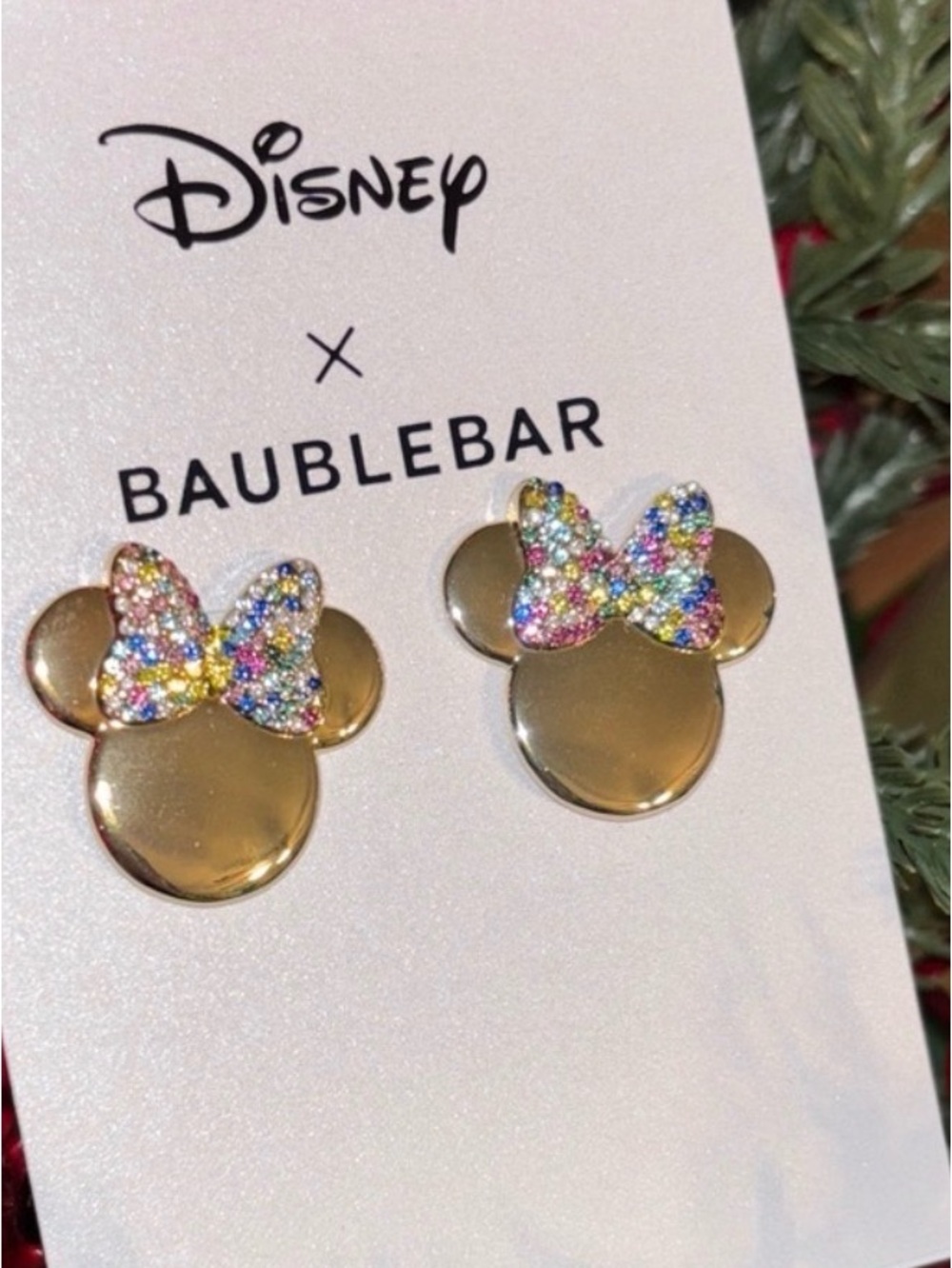 NEW BaubleBar Disney Minnie Mouse Earrings - Gold with Multicolor rhinestone Bow